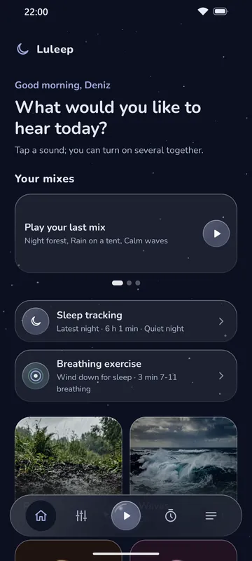 Luleep home screen: an evening greeting, your mixes, shortcuts to sleep tracking and the breathing exercise, sound tiles with night photos and a Menu button in the bottom bar