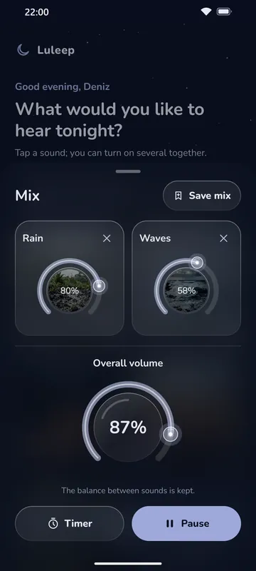 Luleep mixer: each playing sound has its own round volume knob, above an overall volume knob