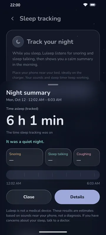 Luleep night summary: time asleep, snoring, sleep talking and coughing during the night