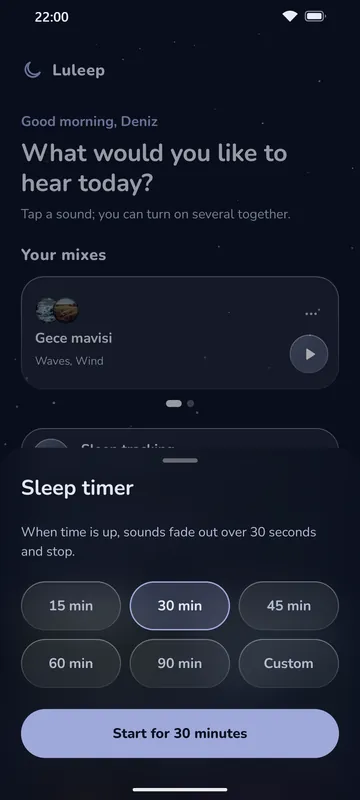 Luleep sleep timer: presets from 15 to 90 minutes, a custom length and a start button
