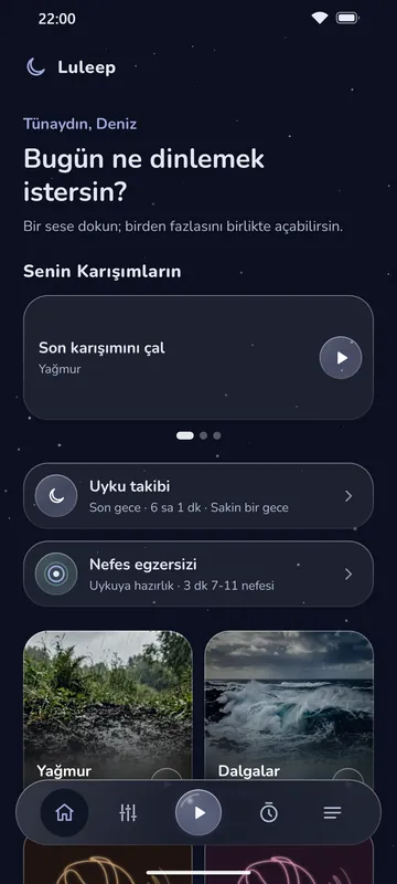 Luleep ana ekranı: selamlama, senin karışımların, uyku takibi ve nefes egzersizi kısayolları, gece fotoğraflı ses kutucukları ve alt çubukta Menü düğmesi