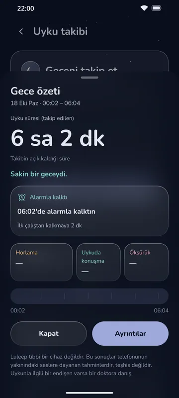 Luleep gece özeti: uyku süresi, alarmla kalkış ve gece boyunca horlama, uykuda konuşma ve öksürük