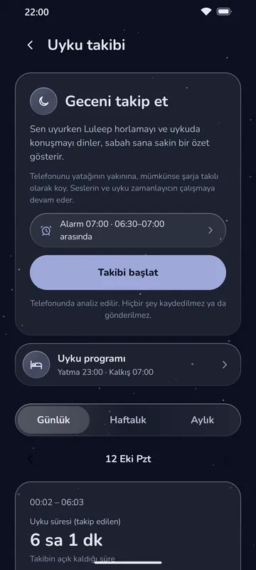 Luleep uyku takibi: 06:30–07:00 arası kurulu alarm ve Takibi başlat düğmesi
