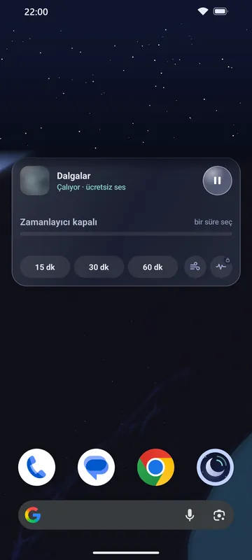 Luleep Gece paneli widget'ının olduğu bir Android ana ekranı: çalan ses, hızlı zamanlayıcı düğmeleri ve kısayollar