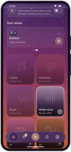 Home screen with a saved mix called Bedtime